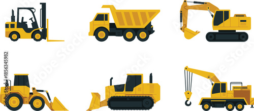 Construction vehicle icons set illustration, excavator, bulldozer, crane, dump truck, forklift, heavy machinery isolated on white background