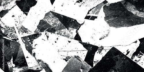 Abstract black and white composition featuring fragmented geometric shapes creating a dynamic and visually striking texture