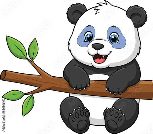 Cute cartoon panda bear sitting happily on a tree branch with green leaves, adorable wildlife animal illustration vector for kids