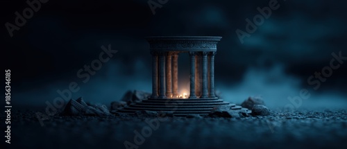 Pirate Ocean Mystical concept. Mysterious ancient temple surrounded by rocky terrain and mist.