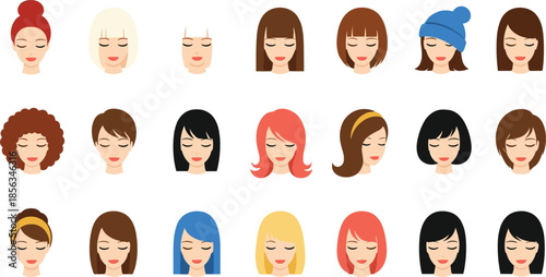 Female Face Avatars Vector Set with Different Hairstyles Hair Colors and Minimal Beauty Portrait Illustrations