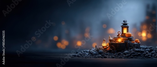 Pirate Ocean Mystical concept. Miniature lanterns glowing on a dark, moody surface with bokeh backdrop.