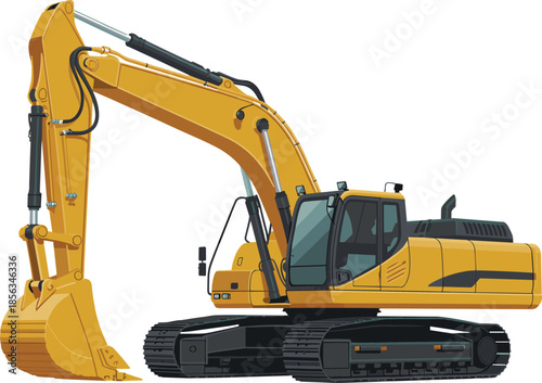 Yellow hydraulic excavator construction machine illustration, heavy equipment for building, digging, engineering, industrial earthmoving projects isolated on white background