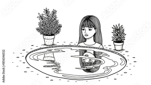 Young woman looking at her reflection in a pool of water, surrounded by potted plants, hand-drawn illustration.