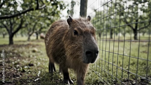 Wallpaper Mural Curious Capybara Exploring a Grassy Orchard on a Cloudy Day, Close-Up View Torontodigital.ca