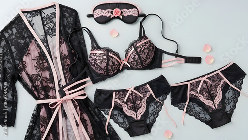 hanging black pink lace sexy lingeri.flat lay.
