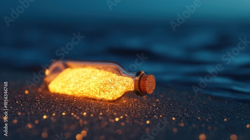 Pirate Ocean Mystical concept. A glowing bottle on a sandy beach with sparkling water in the background.