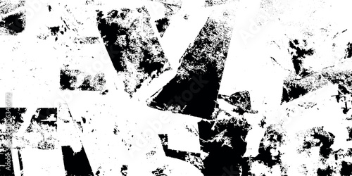 Abstract black and white textured background with fragmented shapes and distressed overlays creating a chaotic visual effect