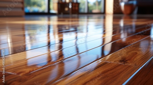 Glossy wood flooring reflecting the outdoors