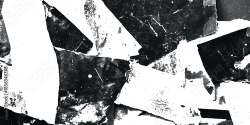 Abstract black and white composition featuring fragmented shapes and textures creating a dynamic and visually striking image