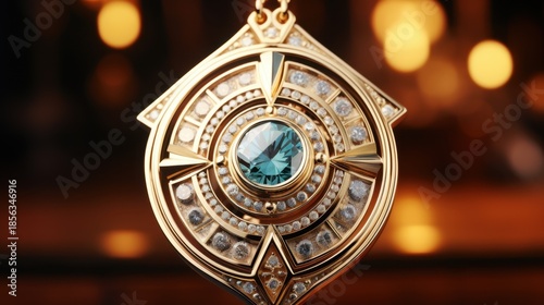 Elegant gold medallion with a blue gem