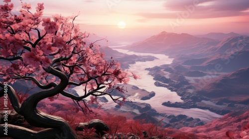 Serene pink sunset over mountain landscape