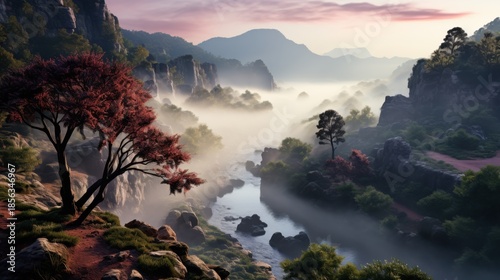 Tranquil River Valley Enshrouded in Morning Mist