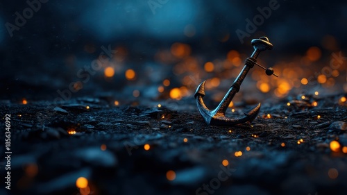 Pirate Ocean Mystical concept. Anchor surrounded by shimmering lights on a dark surface.