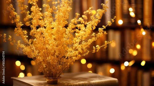 Golden floral arrangement on antique books