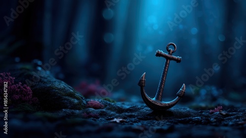 Pirate Ocean Mystical concept. Mysterious anchor resting on a dark underwater landscape.