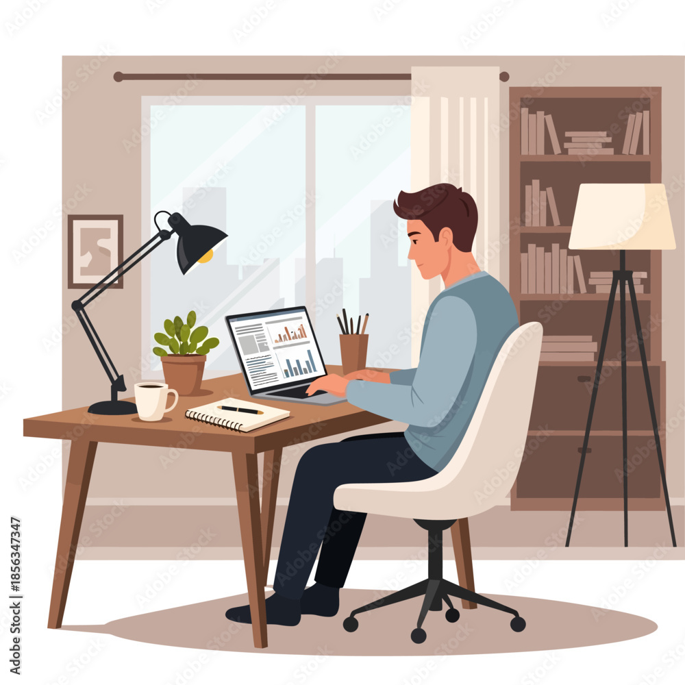 Fototapeta premium Young Man Working On Laptop In Cozy Home Office
