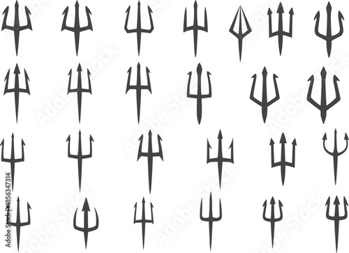 Collection of twenty‑five stylized trident symbols with diverse prong shapes, geometric variations, artistic silhouettes, mythology Neptune Poseidon weapon illustration design