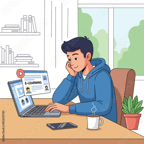 Young Man Attending E-learning Course At Home