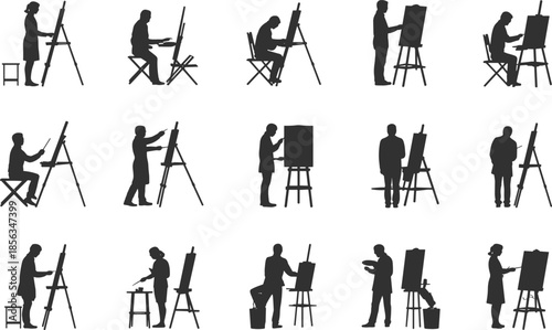 Collection of sixteen artist silhouettes painting at easels with diverse postures, creative drawing stances, artistic design illustration for stock