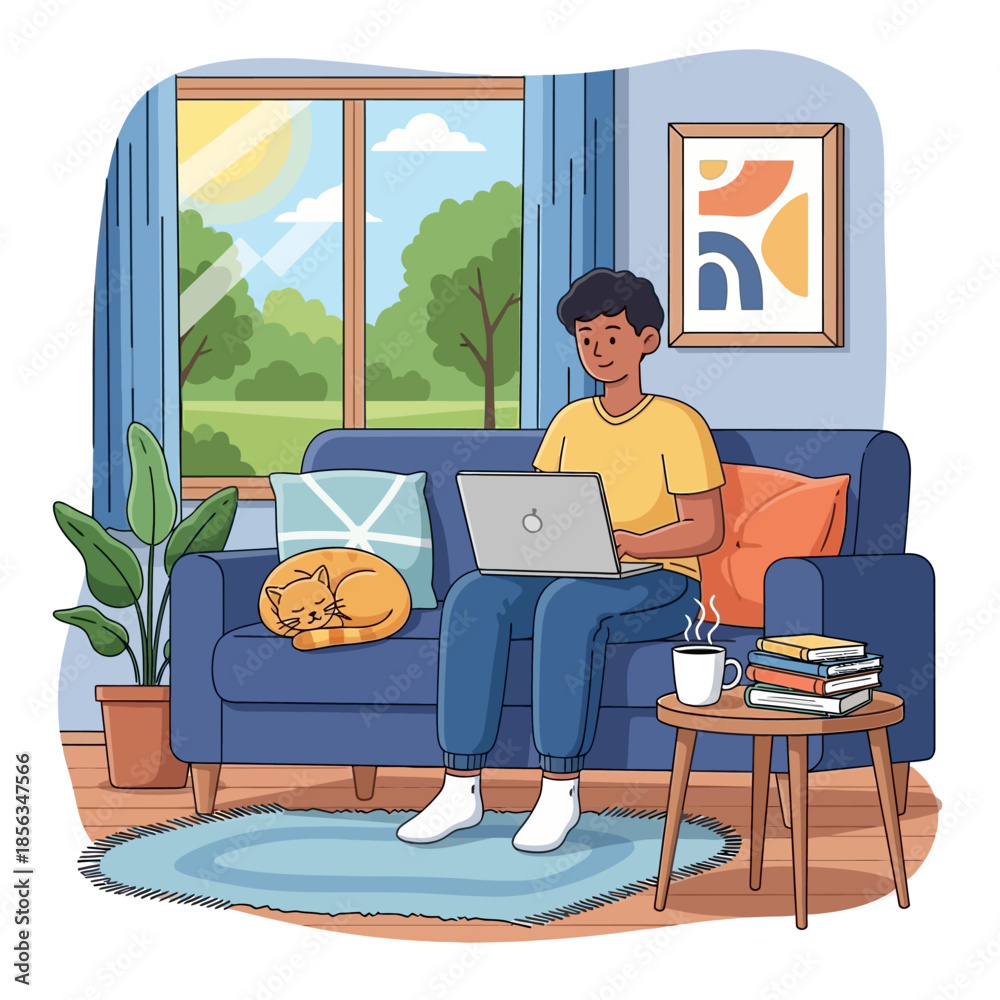 Fototapeta premium Young Man Working On Laptop At Home With Cat Relaxing Nearby