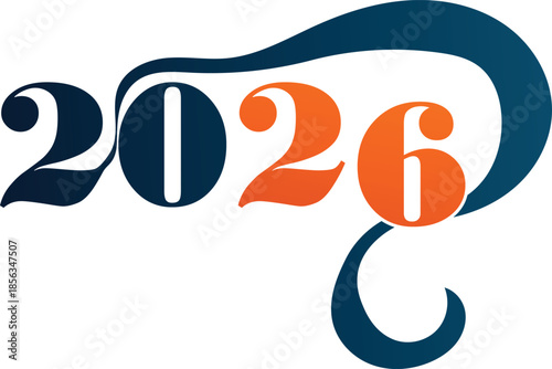 Creative 2026 New Year Typography with Abstract Blue Swirl and Orange Numbers