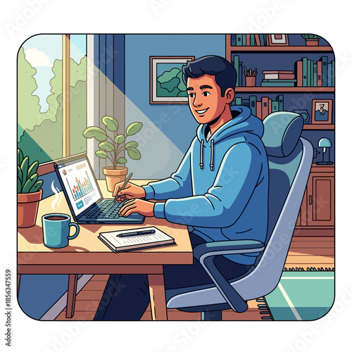 Young Man Working On Laptop At Home Office Desk