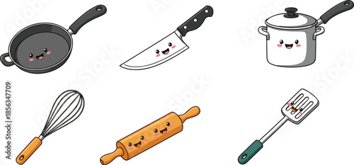 Cute vector illustration of happy kitchen utensils with kawaii cartoon faces including frying pan, cooking pot, knife, whisk, rolling pin, spatula.