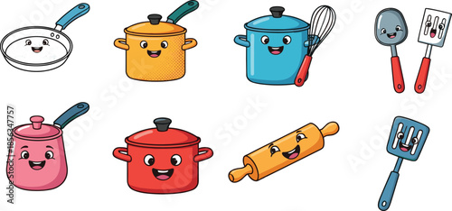 Cute vector illustration of colorful kitchen utensils and cookware with smiling kawaii cartoon faces including pans, pots, rolling pin, spatulas.