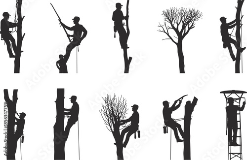 Ten arborist silhouettes climbing and maintaining trees with ropes, ladders, harnesses, diverse postures, forestry safety equipment illustration design imagery
