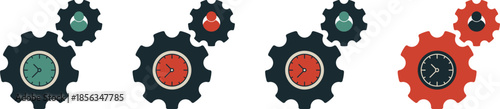 Flat gear icons with clock inside, symbolizing time management, productivity, scheduling, workflow, automation, and settings. Clean minimal style, ideal for apps, dashboards, infographics, and busines