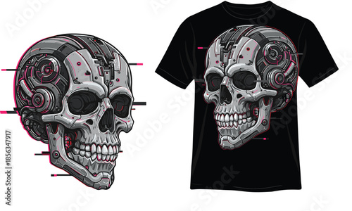 Cybernetic Skull Vector with Futuristic Mechanical Details for Sci-Fi T-Shirt Design, Techwear, Robotics Art, and Cyberpunk Illustration
