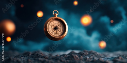 Pirate Ocean Mystical concept. A compass floats in a surreal, cosmic landscape with glowing orbs.