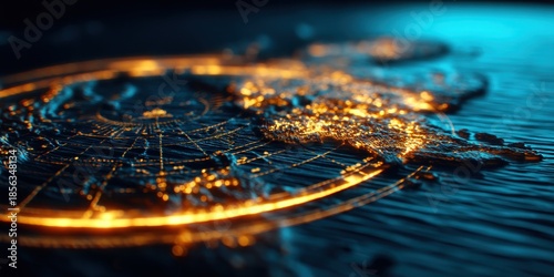 Pirate Ocean Mystical concept. Abstract glowing world map with light effects on dark background.