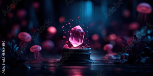 Pirate Ocean Mystical concept. A glowing crystal surrounded by colorful jellyfish in a dark setting.