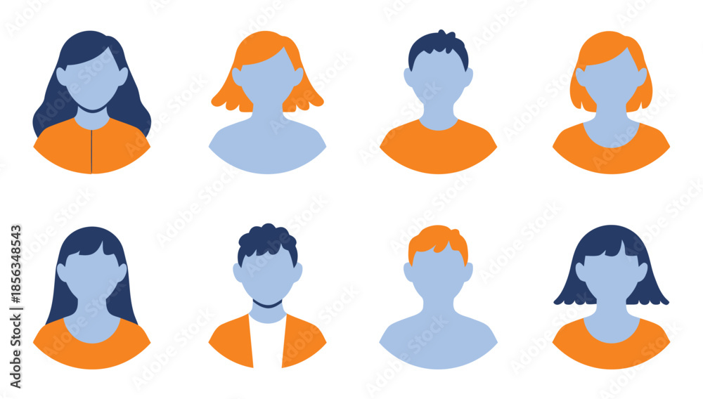 Fototapeta premium A collection of eight diverse human silhouettes in blue and orange hues on a white background silhouette