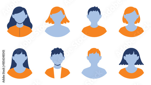 A collection of eight diverse human silhouettes in blue and orange hues on a white background silhouette