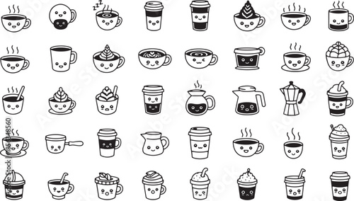 Kawaii Coffee and Tea Cup Icons Set