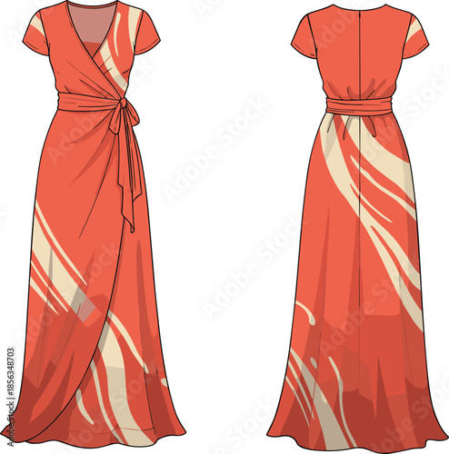 Elegant Red-Orange Wrap Dress with Abstract Pattern, V-Neckline, Short Sleeves – Fashion Vector for Apparel, Retail, and Design Concepts