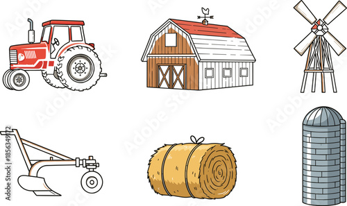 Farm equipment and building vector illustration with tractor, barn, windmill, plow, hay bale, and silo for agriculture design.
