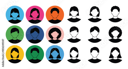 A collection of diverse human head silhouettes in various colors and styles on a plain white background silhouette