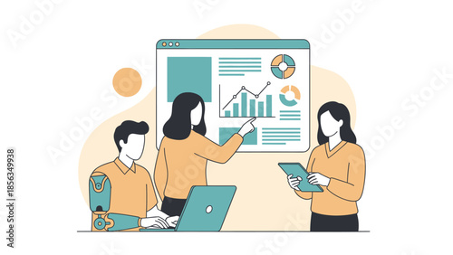 Diverse Business Team Including Employee with Prosthetic Arm Analyzing Data on Digital Screen