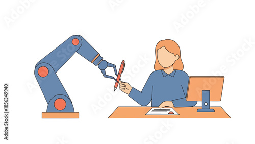 Woman Working at Desk with Robotic Arm Assistant Holding Pen for Physical Support