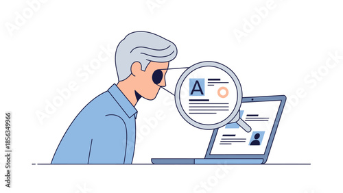 Man with Low Vision Using Magnifying Glass to Read Information on Laptop Computer Screen