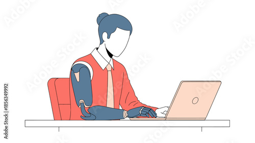 Professional Office Worker with Prosthetic Arm Using Laptop Computer for Business Tasks