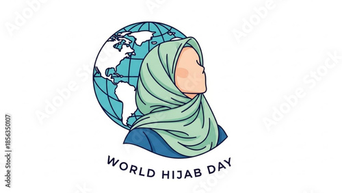 World hijab day illustration with globe and green headscarf woman profile
