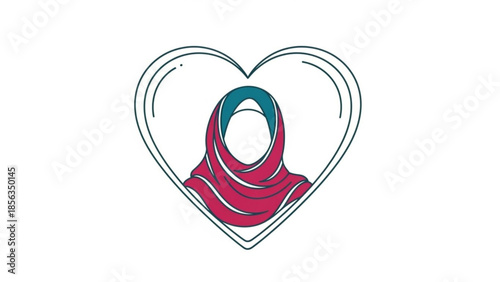 Heart shaped outline with pink and blue hijab on white background symbolizing love and cultural diversity