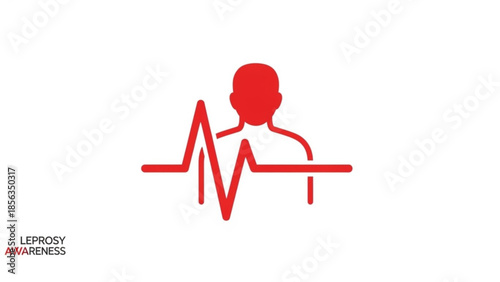 Leprosy awareness red icon with human silhouette and ecg line on white background for health and medical concepts