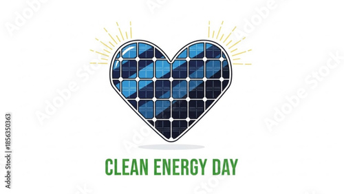 Heart shaped solar panels with sun rays on clean energy day