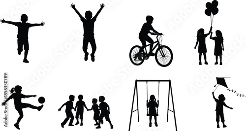 Happy children pure black silhouette illustration playing football, cycling, flying kites, swinging, holding balloons, and enjoying fun outdoor activities on white background vector design
